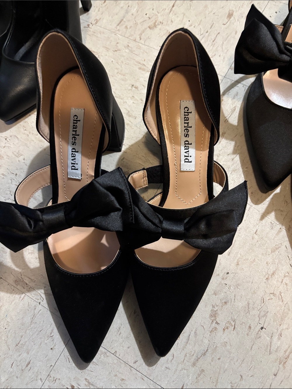 Charles David Black Satin Bow Pointed-Toe Pumps